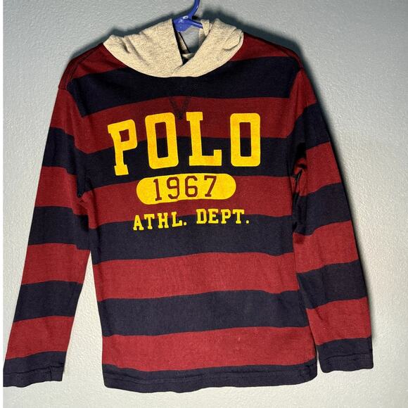 POLO RALPH LAUREN YOUTH BURGUNDY & BLUE LONG SLEEVE HOODED SHIRT SIZE 5 - Picture 1 of 8
